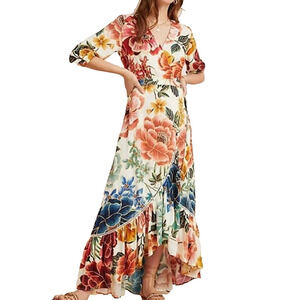 B0 Auth FARM RIO FOR ANTHROPOLOGIE Floral Printed Viscose Wrap Maxi Dress Size S